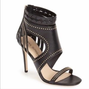 Via Spiga Taletha black leather studded caged heels 8